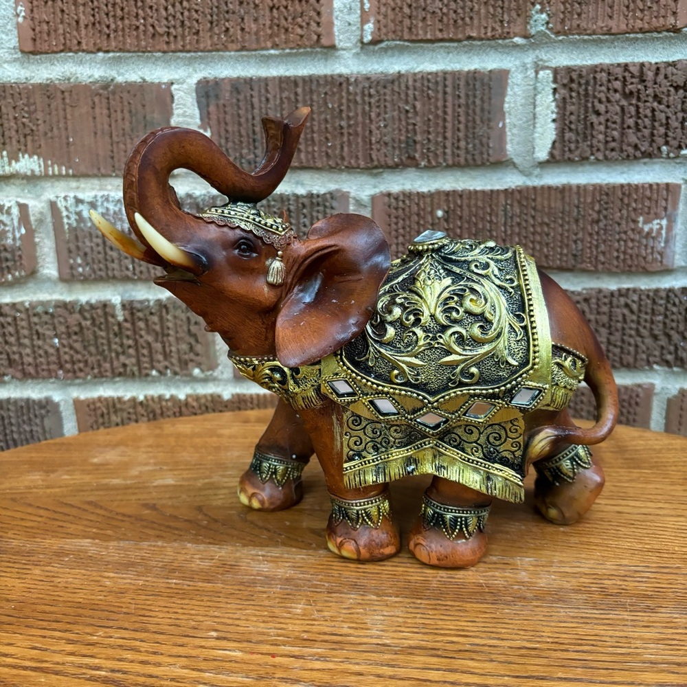 Brown Elephant With Golden Decoration mirror beads Retro Collectible Figurine